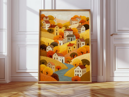 Autumn River Winds Through Village