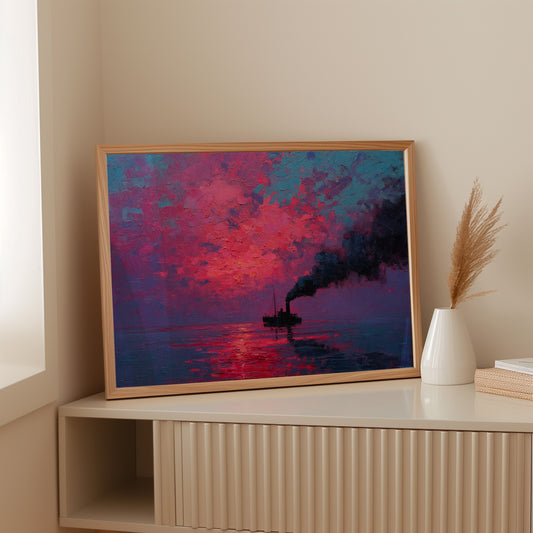 Steamship Sails Through Crimson Dawn