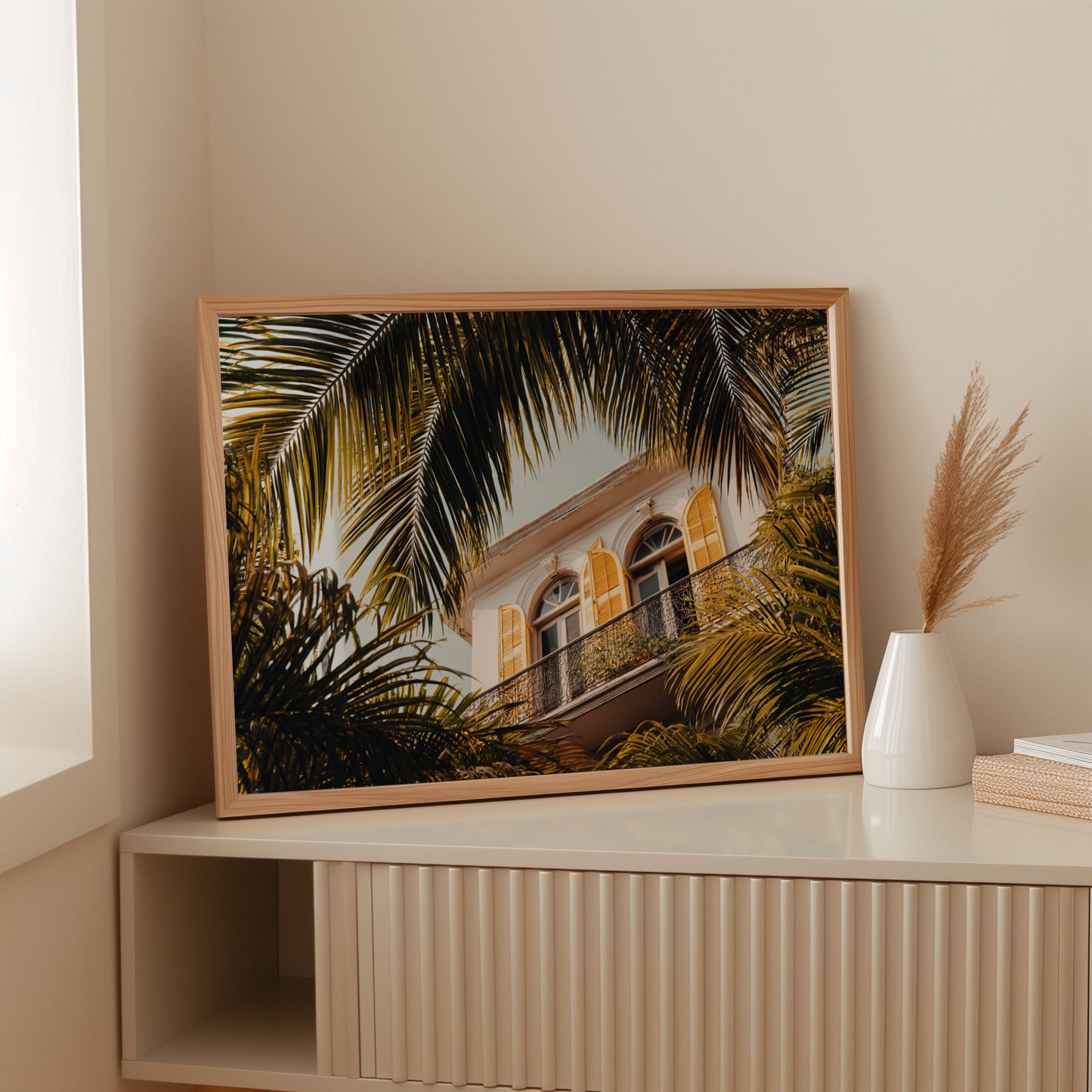 Golden Shutters Behind Palm Veils