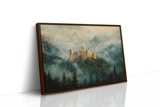 Misty Mountain Castle: Ethereal Fantasy Landscape Canvas Wall Art