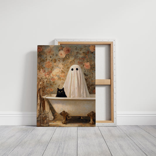 Ghostly Cat In Bathtub Canvas - Whimsical Vintage Art - Gallery Canvas image 13