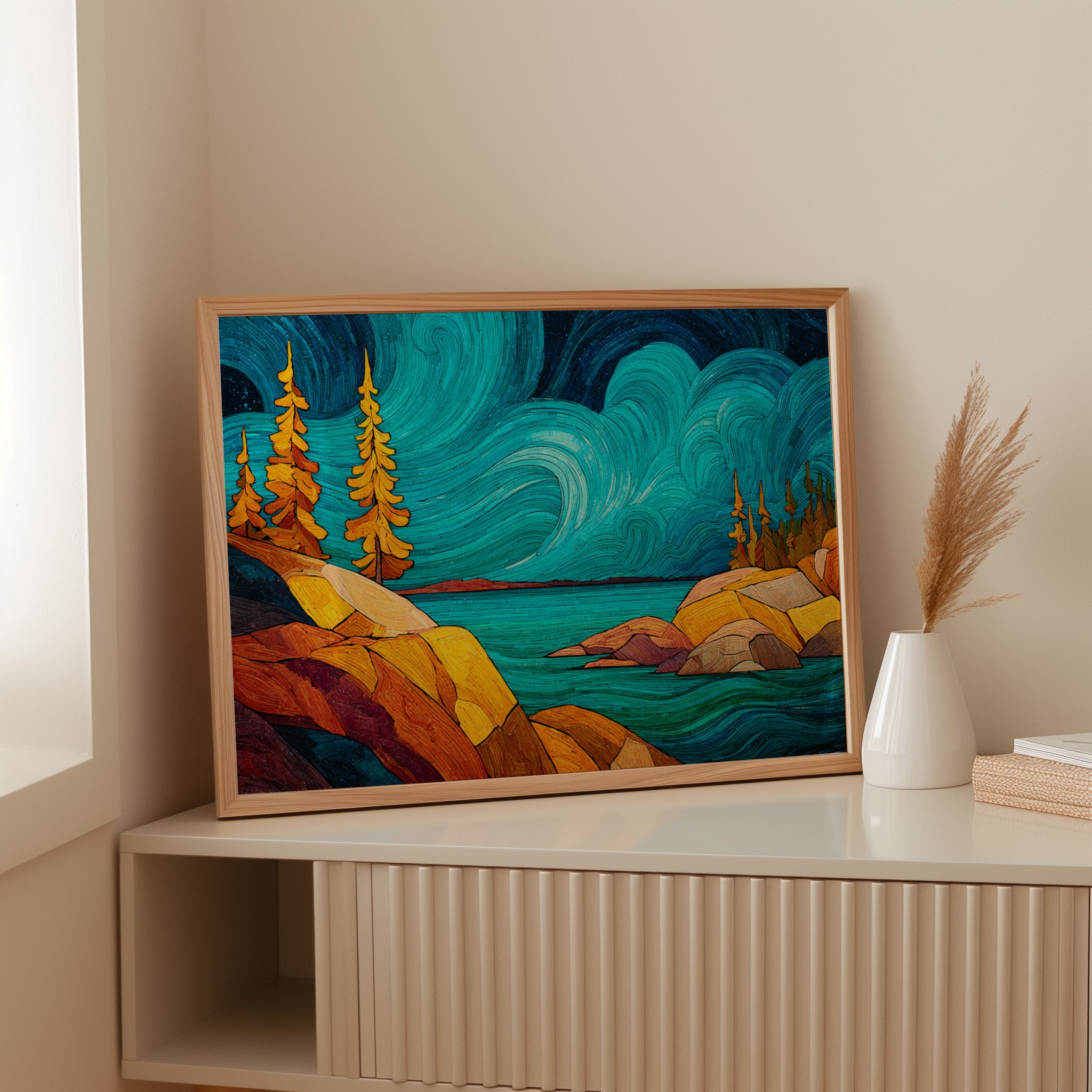 Golden Pines Dance Above Turquoise Waters