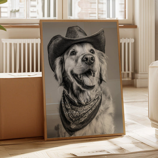 Framed portrait of a dog wearing a cowboy hat in a living room setting.