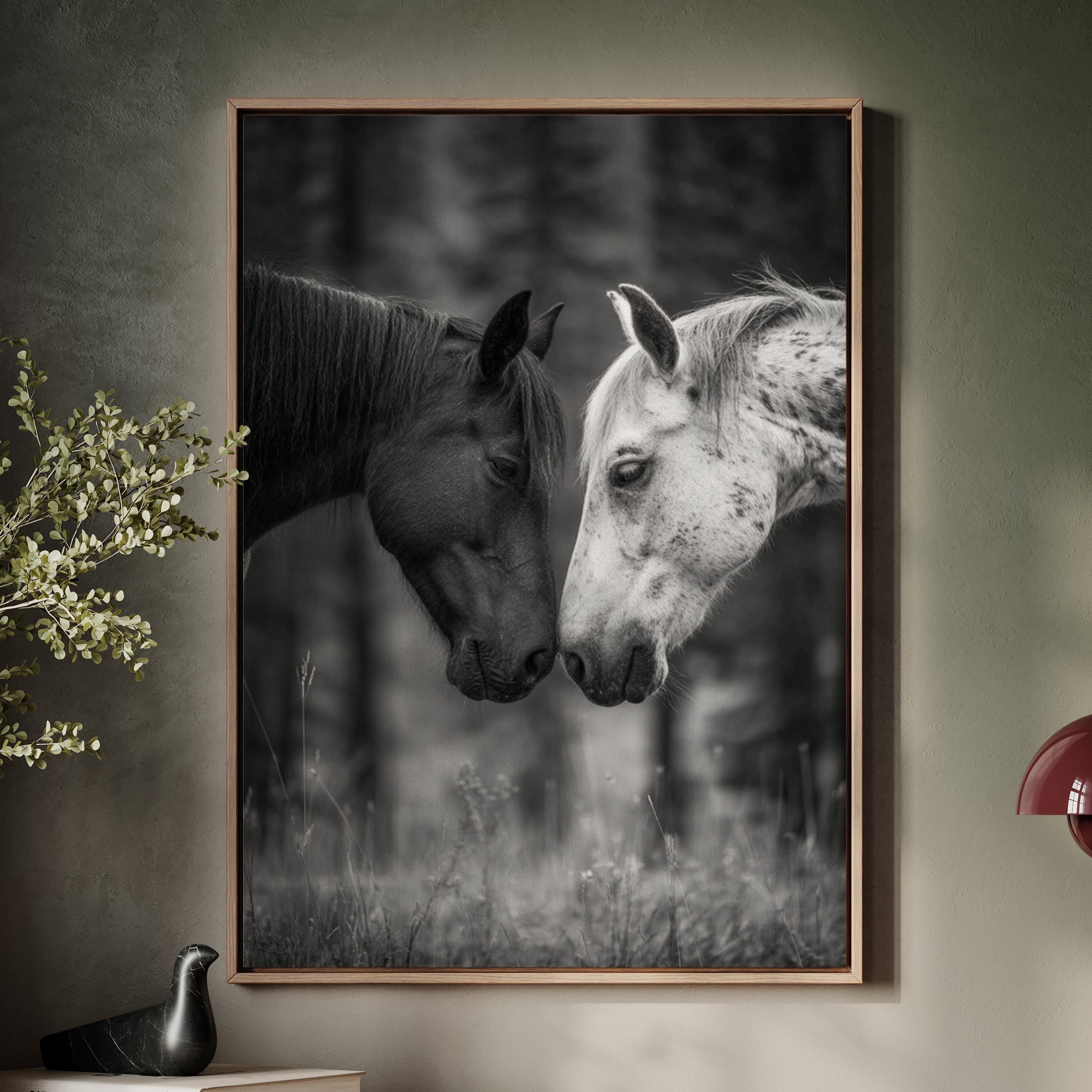 black and white horses face to face 