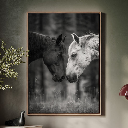 black and white horses face to face 