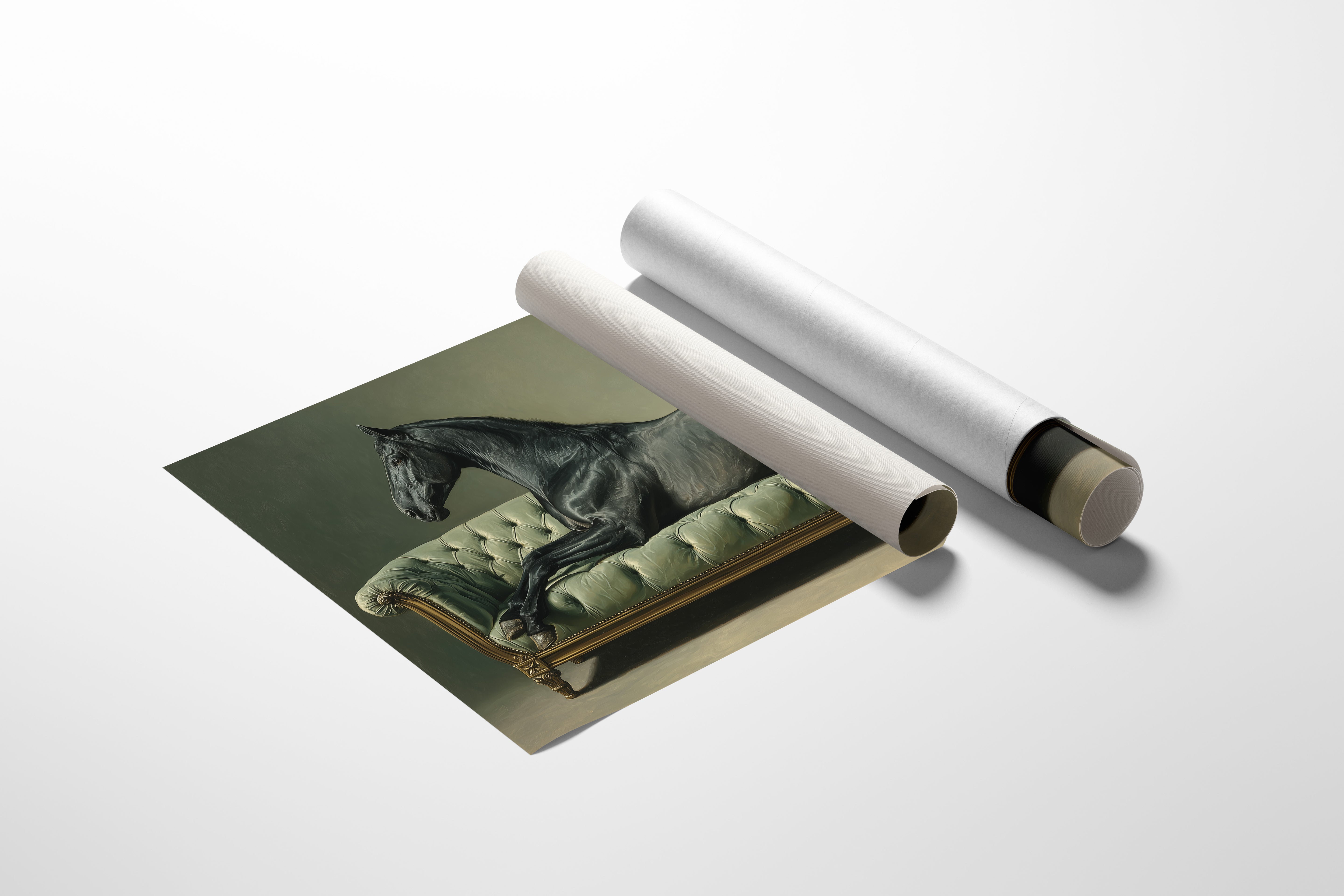 Aristocratic Repose: Ebony Stallion on a Mint Couch