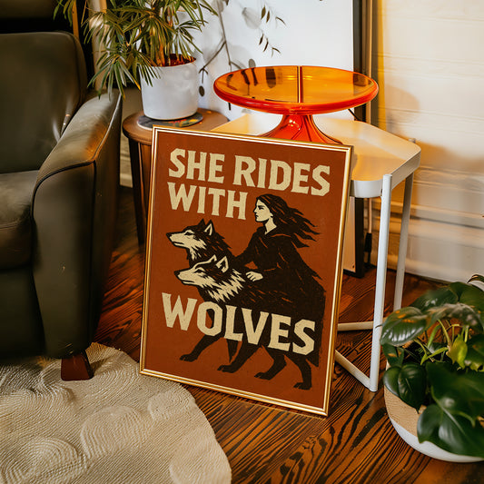 She Rides With Wolves Rustic Art Print