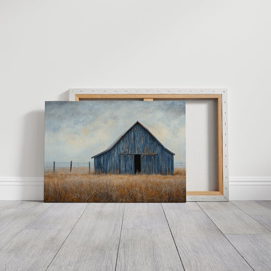 Blue Barn Stands Among Golden Fields