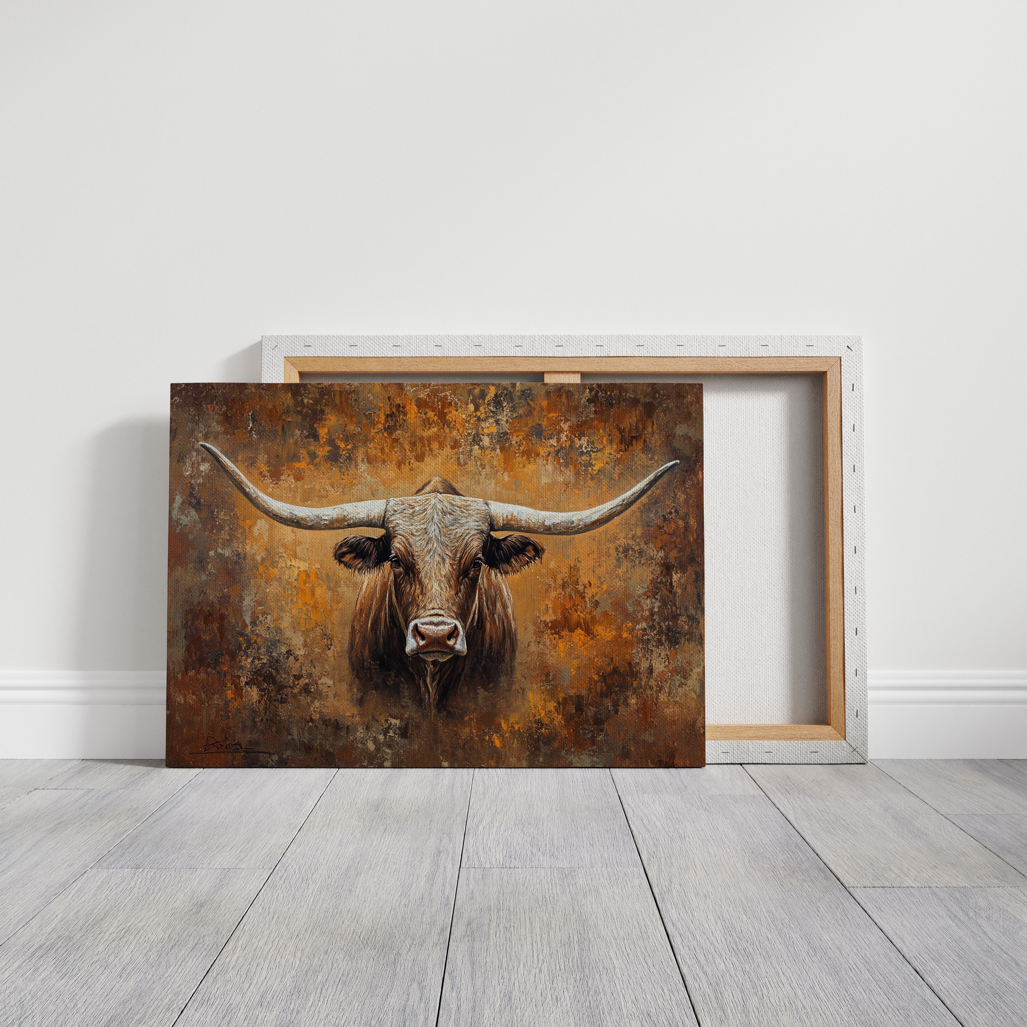 Longhorn's Gaze Through Autumn Fire