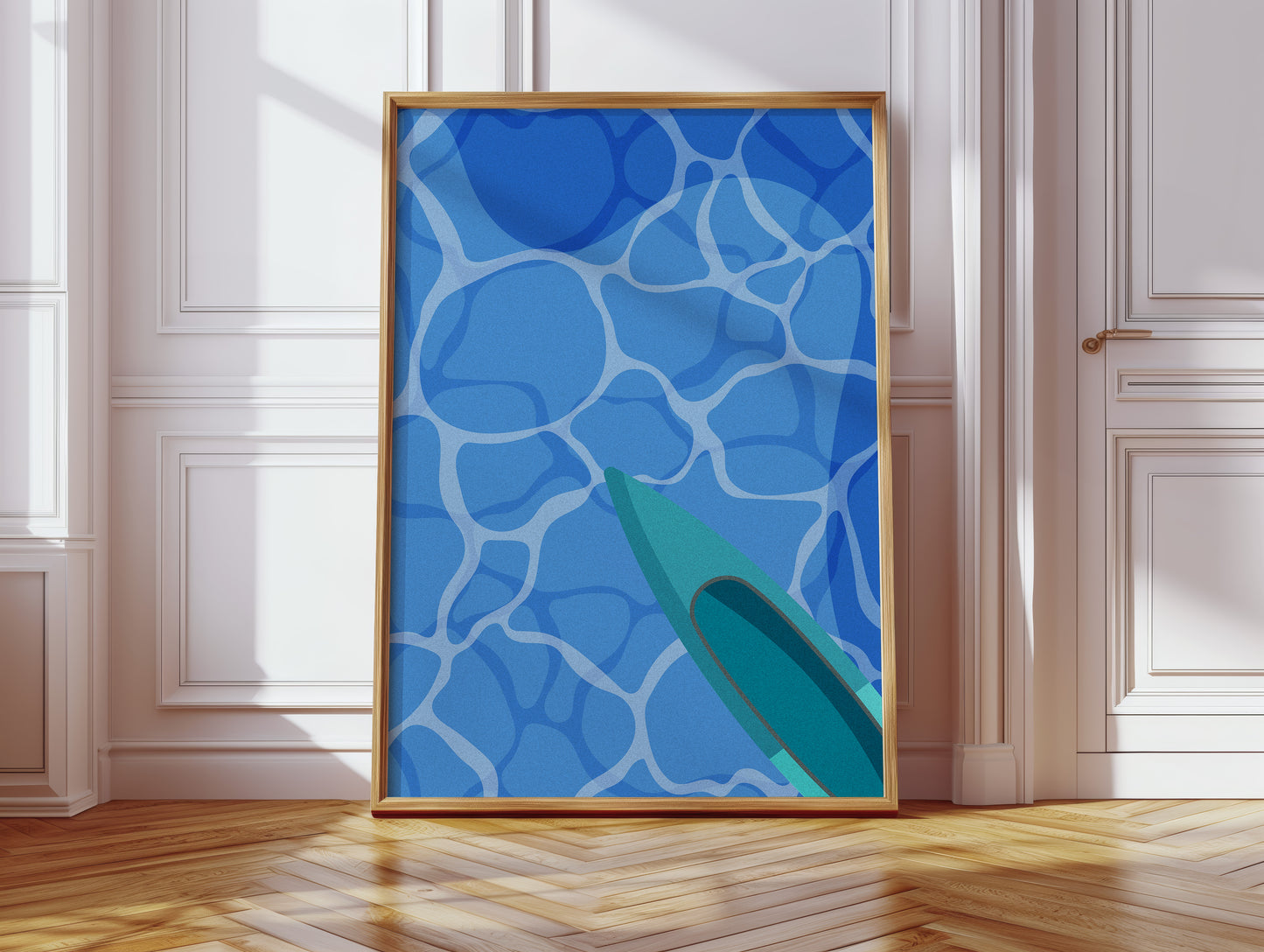 Surfboard Glides Through Crystal Waters