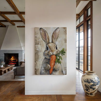 Adorable Bunny with Carrot – Rustic Farmhouse Animal Wall Art Print