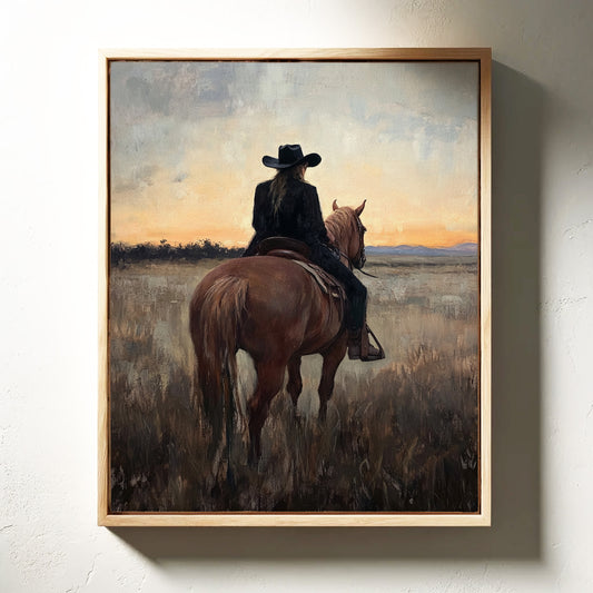 Back to the Prairie – Cowgirl on Horse at Dusk