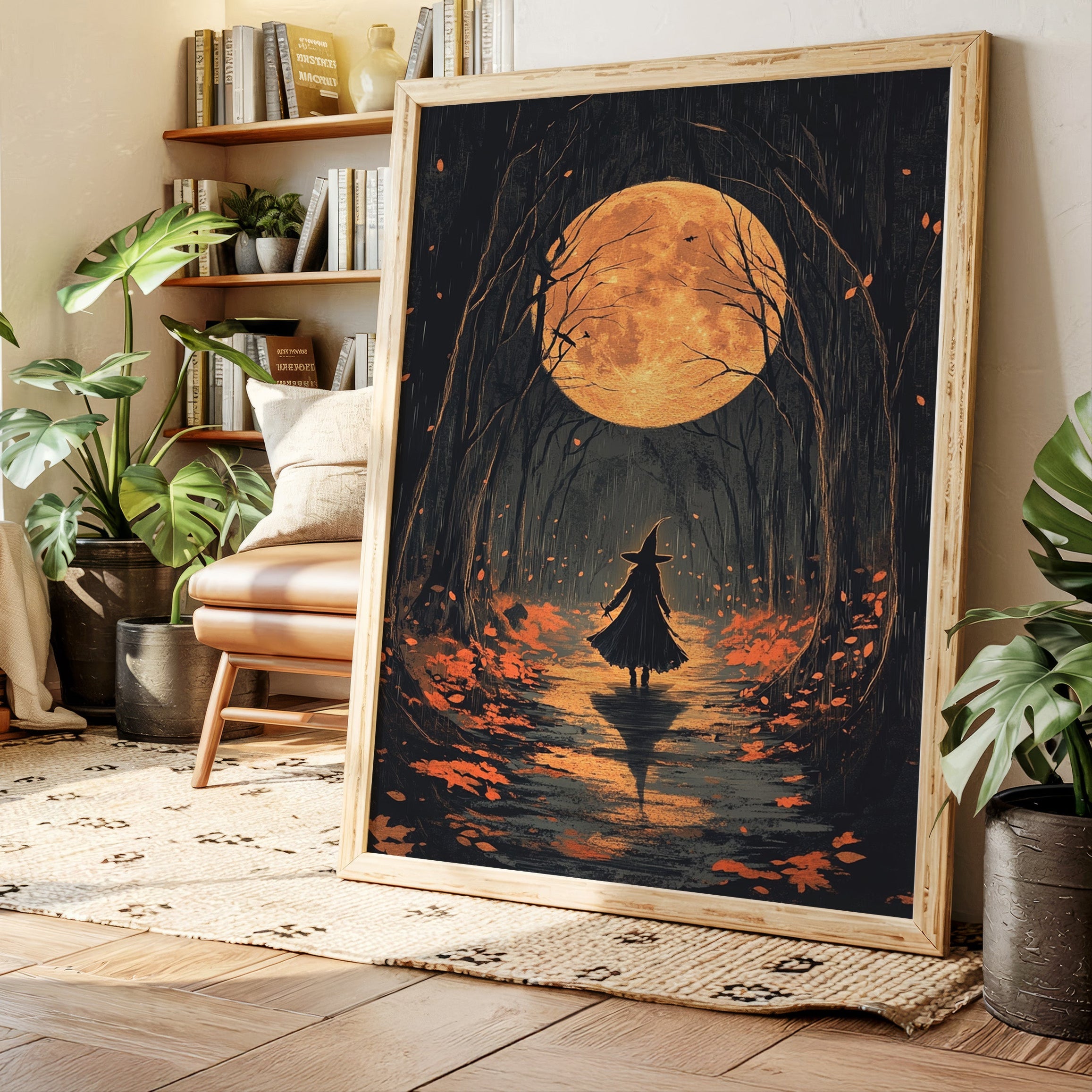 Witch Under Full Moon Art Print - Enchanting Autumn Scene - Gallery Canvas image 1