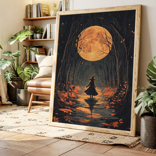 Witch Under Full Moon Art Print - Enchanting Autumn Scene - Gallery Canvas image 1