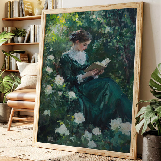 Victorian Lady Reading Portrait - Romantic Garden Art - Gallery Canvas image 1