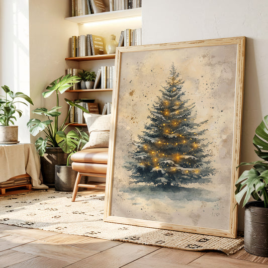 Glowing Christmas Tree Watercolor Print - Festive Wall Art - Gallery Canvas image 6