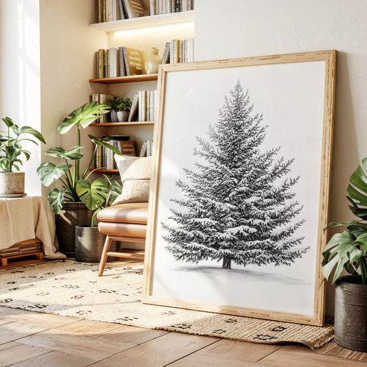 Snow-Covered Pine Tree Drawing - Winter Botanical Art - Gallery Canvas image 15