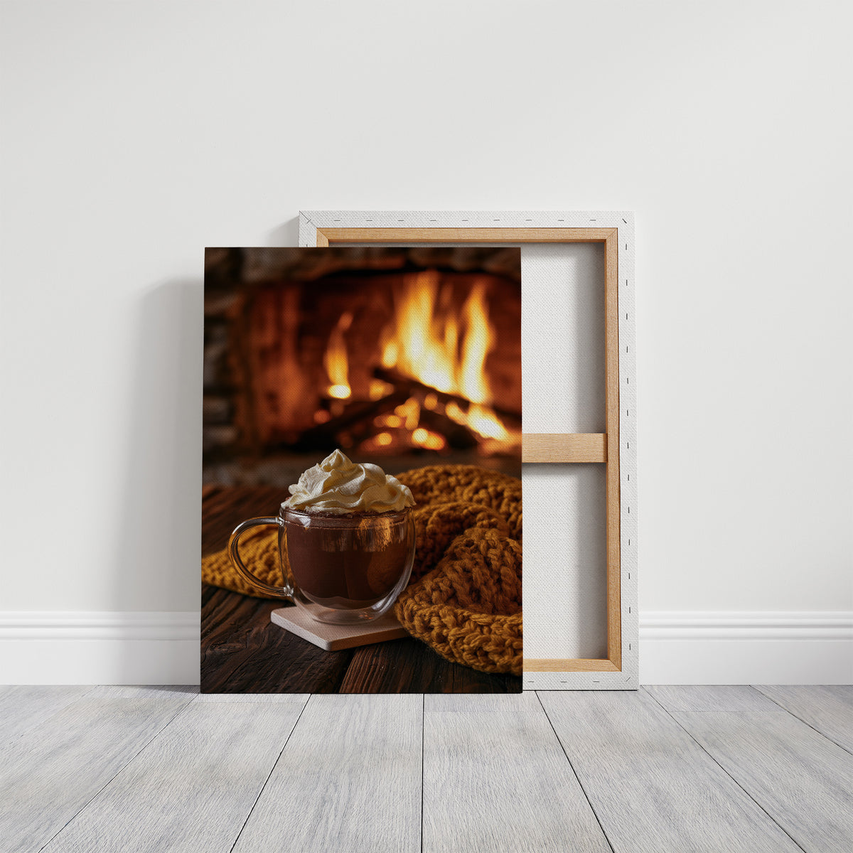 Cocoa Loco By The Fire, gallery wrapped canvas print shown front on