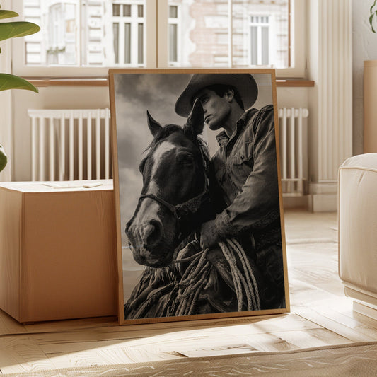 Framed black and white portrait of a man and horse in a living room.