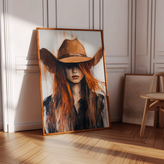 Western Flame – Bold Redhead Cowgirl Art