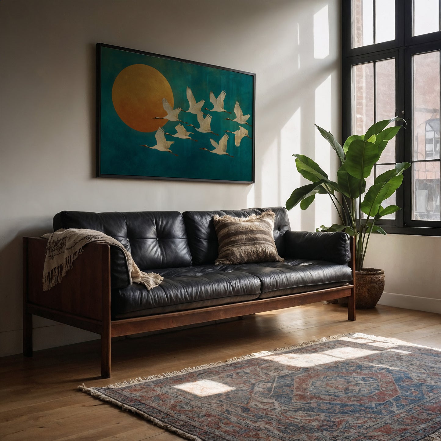 Cranes Dance Against Golden Moon