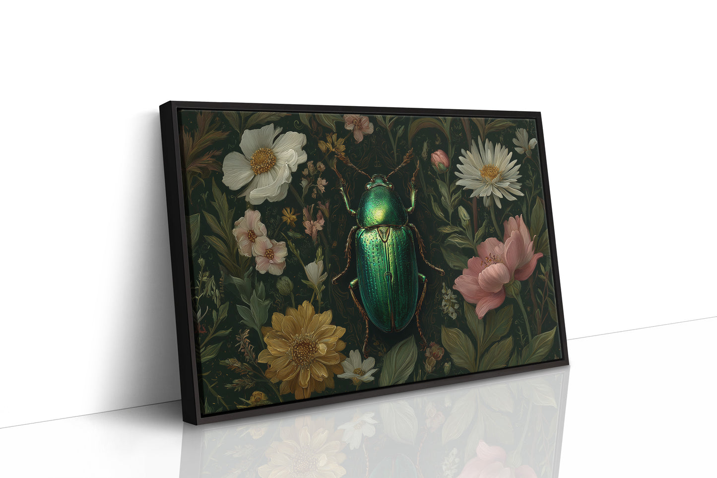 Emerald Beetle Among Garden Blooms