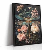 Golden Dragonfly: Dark Floral Baroque Canvas Wall Art