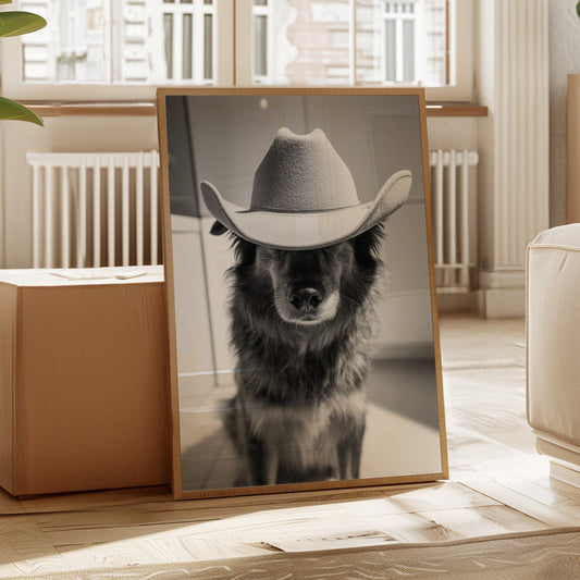 Framed picture of a dog wearing a cowboy hat in a living room setting
