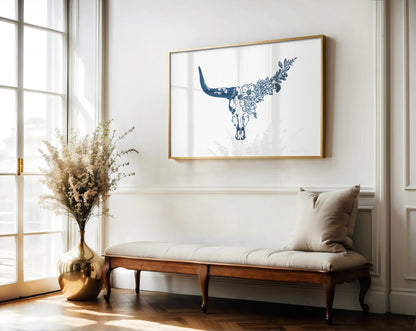 Floral Longhorn Skull Wall Art – Western Boho Cow Skull Print