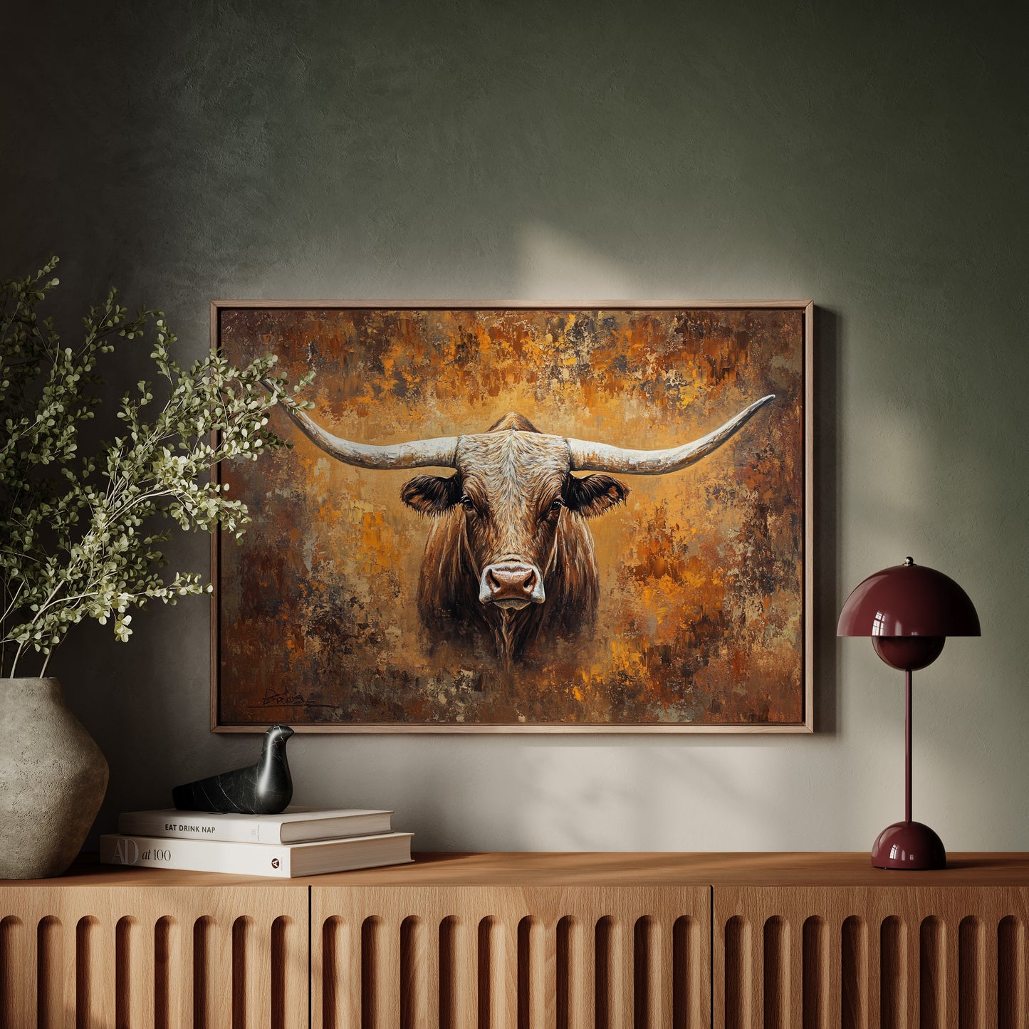 Longhorn's Gaze Through Autumn Fire