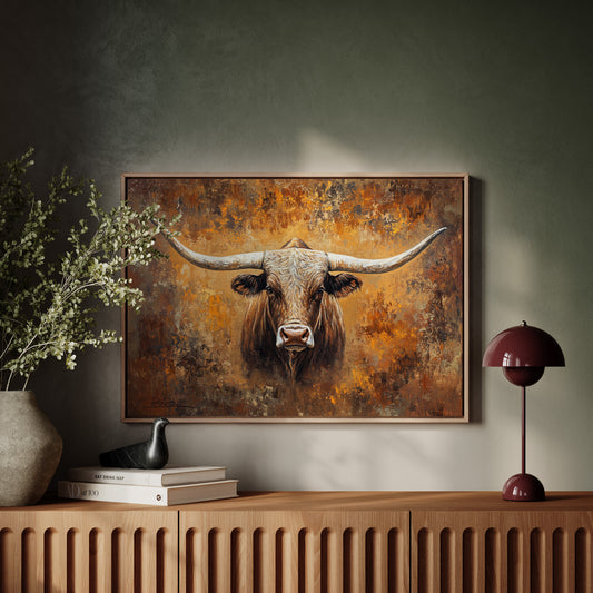 Longhorn's Gaze Through Autumn Fire