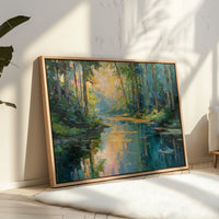 Sunlit Waters Between Tall Pines