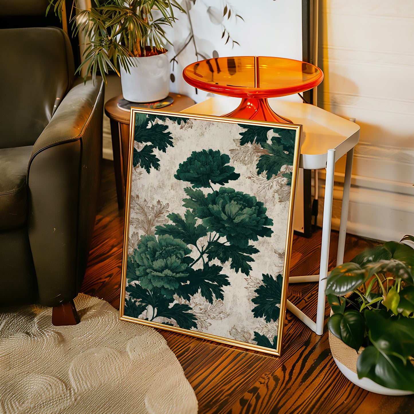 Emerald Blooms on Rustic Canvas