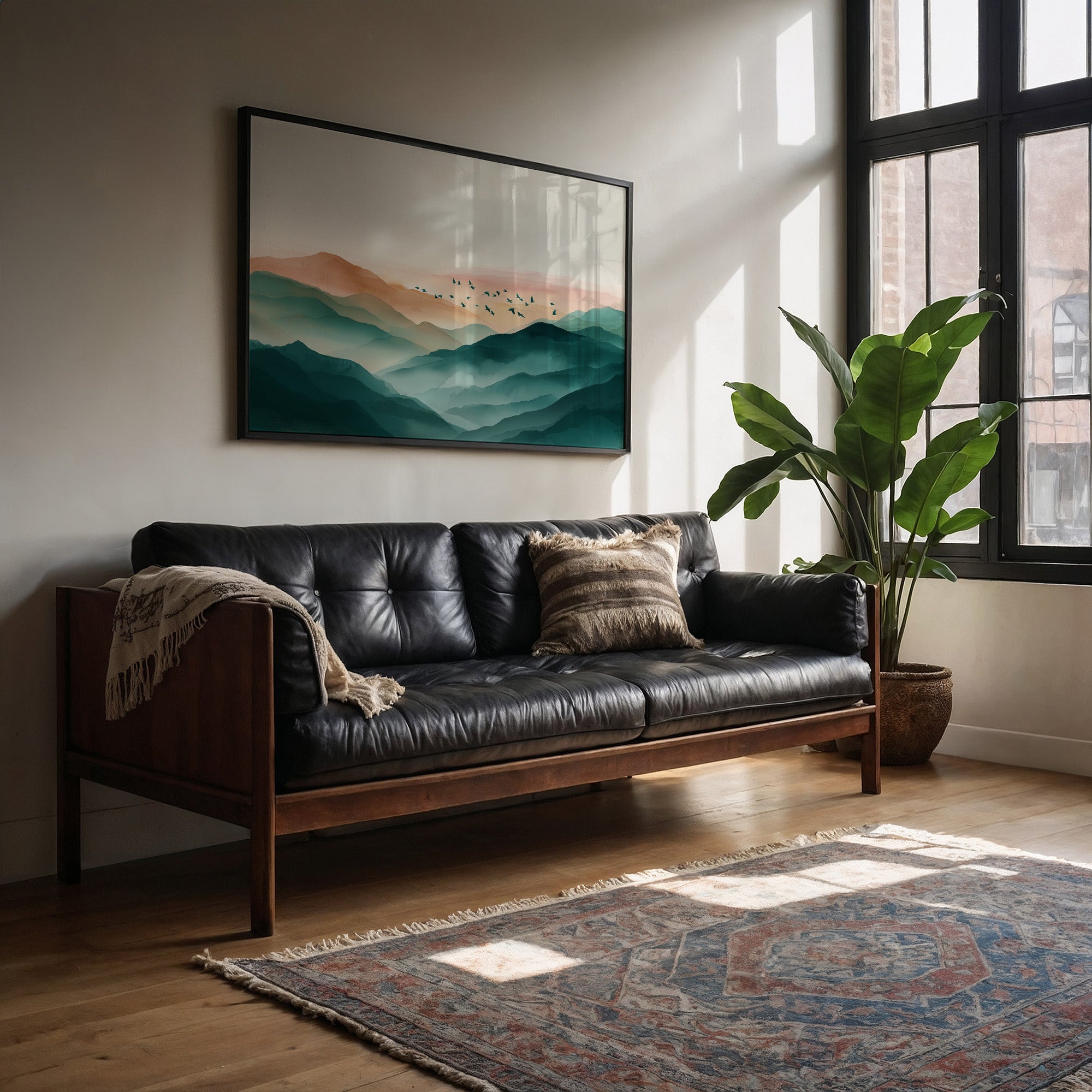 Birds Soar Above Misty Peaks