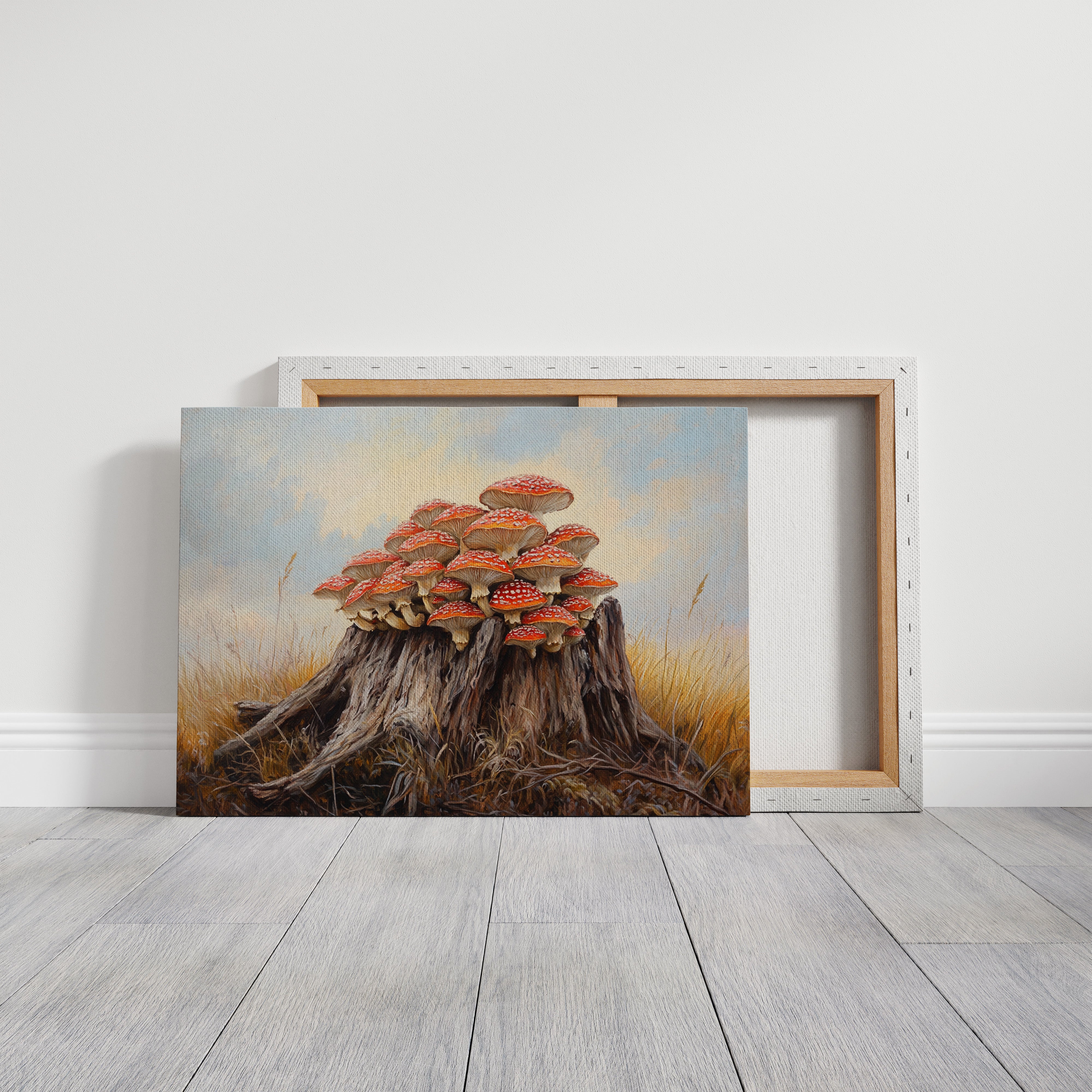Red Mushrooms Crown Ancient Stump