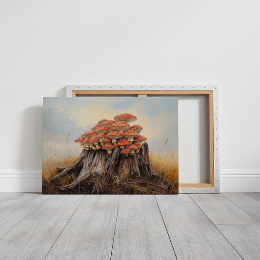 Red Mushrooms Crown Ancient Stump