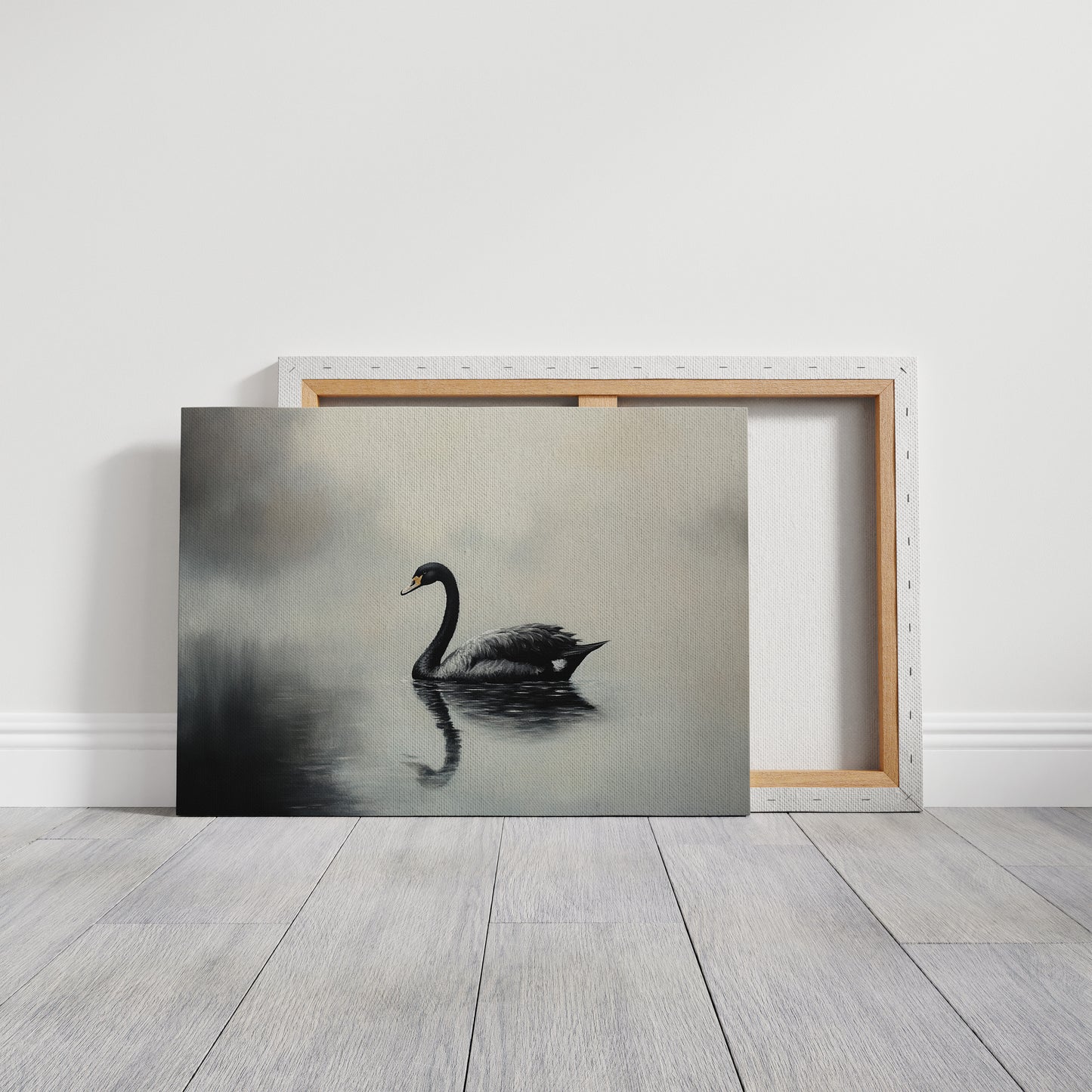 Black Swan Glides Through Morning Fog