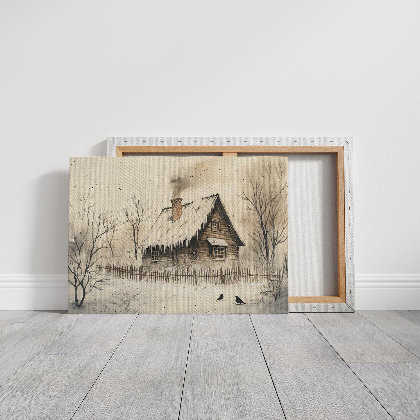 Winter Ravens Guard Frosted Cabin