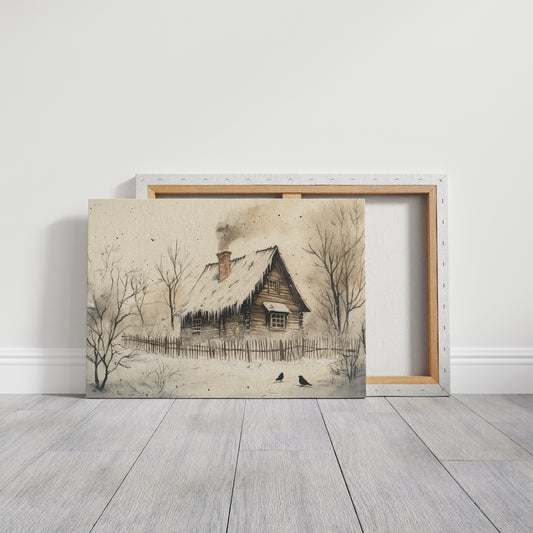 Winter Ravens Guard Frosted Cabin