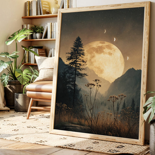 Framed artwork of a moonlit forest scene in a cozy living room.