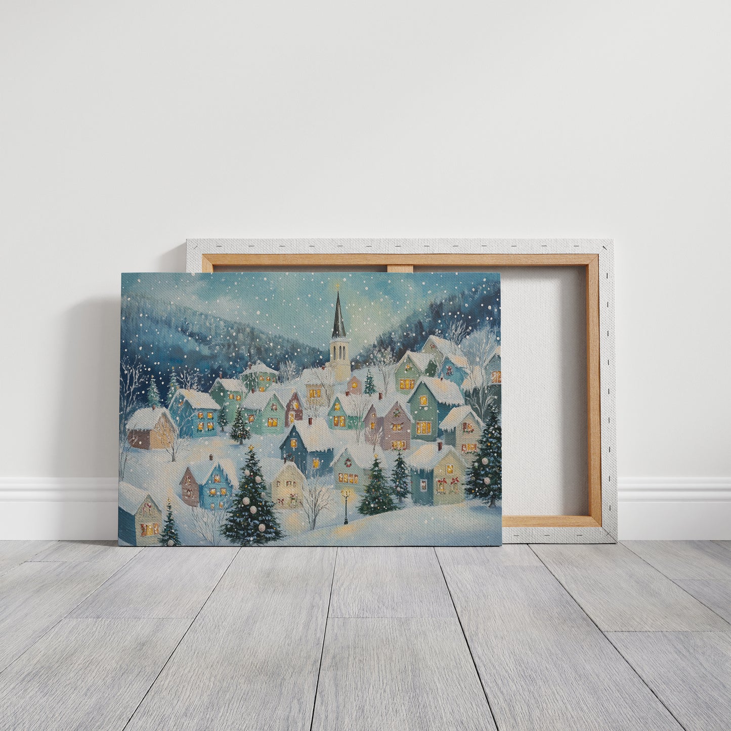 Snow Falls On Candlelit Village Windows