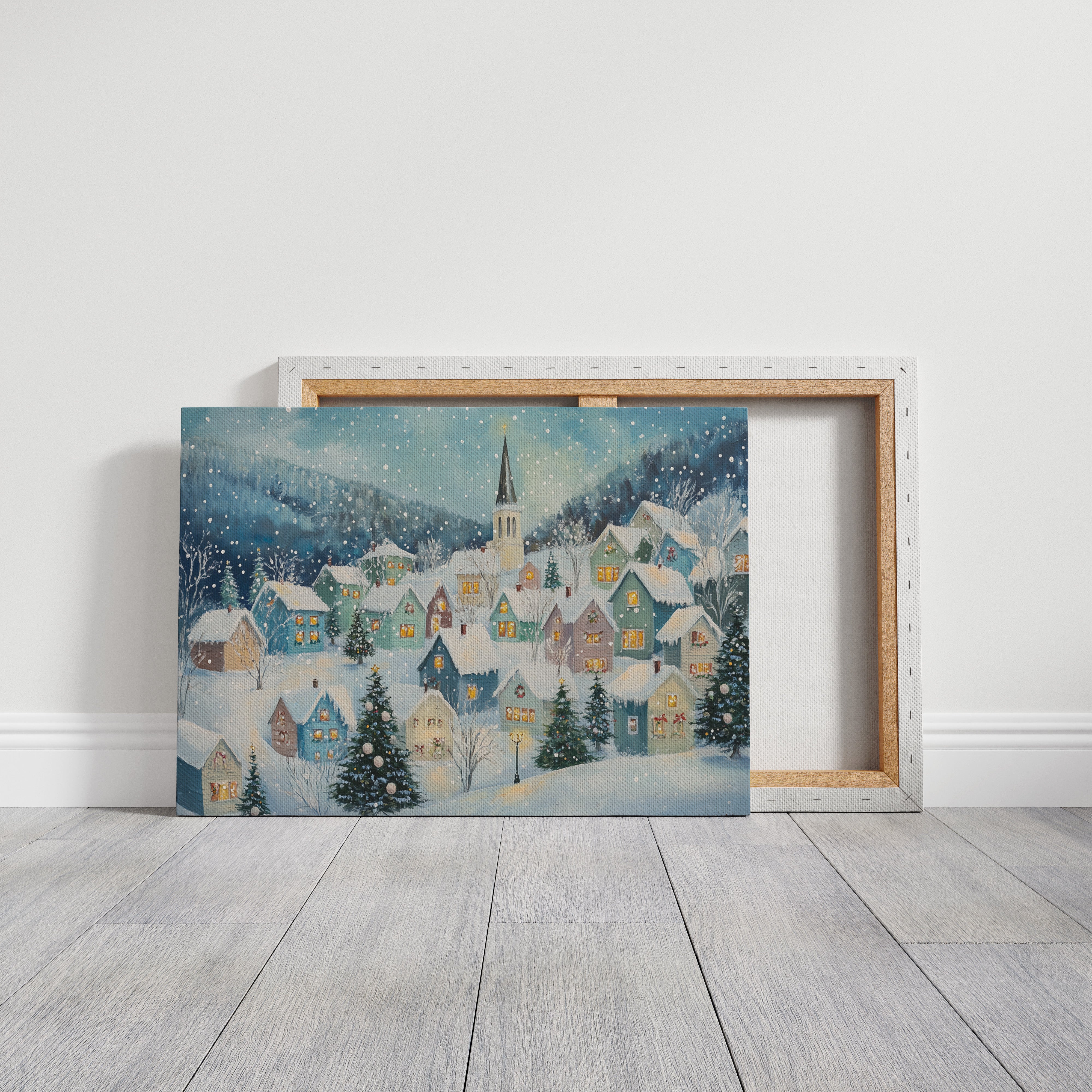 Snow Falls On Candlelit Village Windows