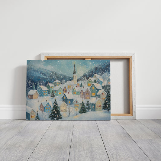 Snow Falls On Candlelit Village Windows