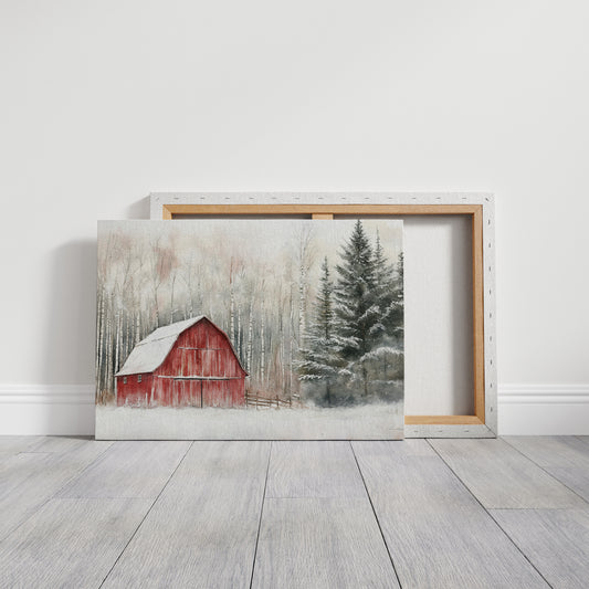 Red Barn Sleeps Among Winter Birch