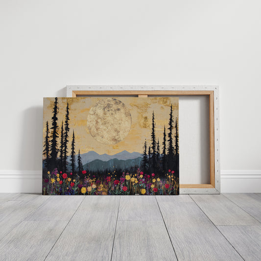 Moonlit Meadow Beneath Mountain Peaks