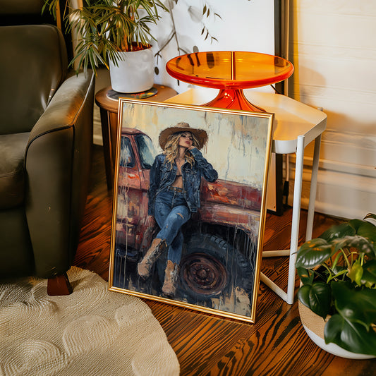 Denim Cowgirl by the Rusted Truck
