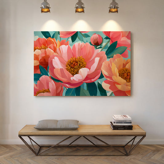 Coral Peonies Dance In Turquoise