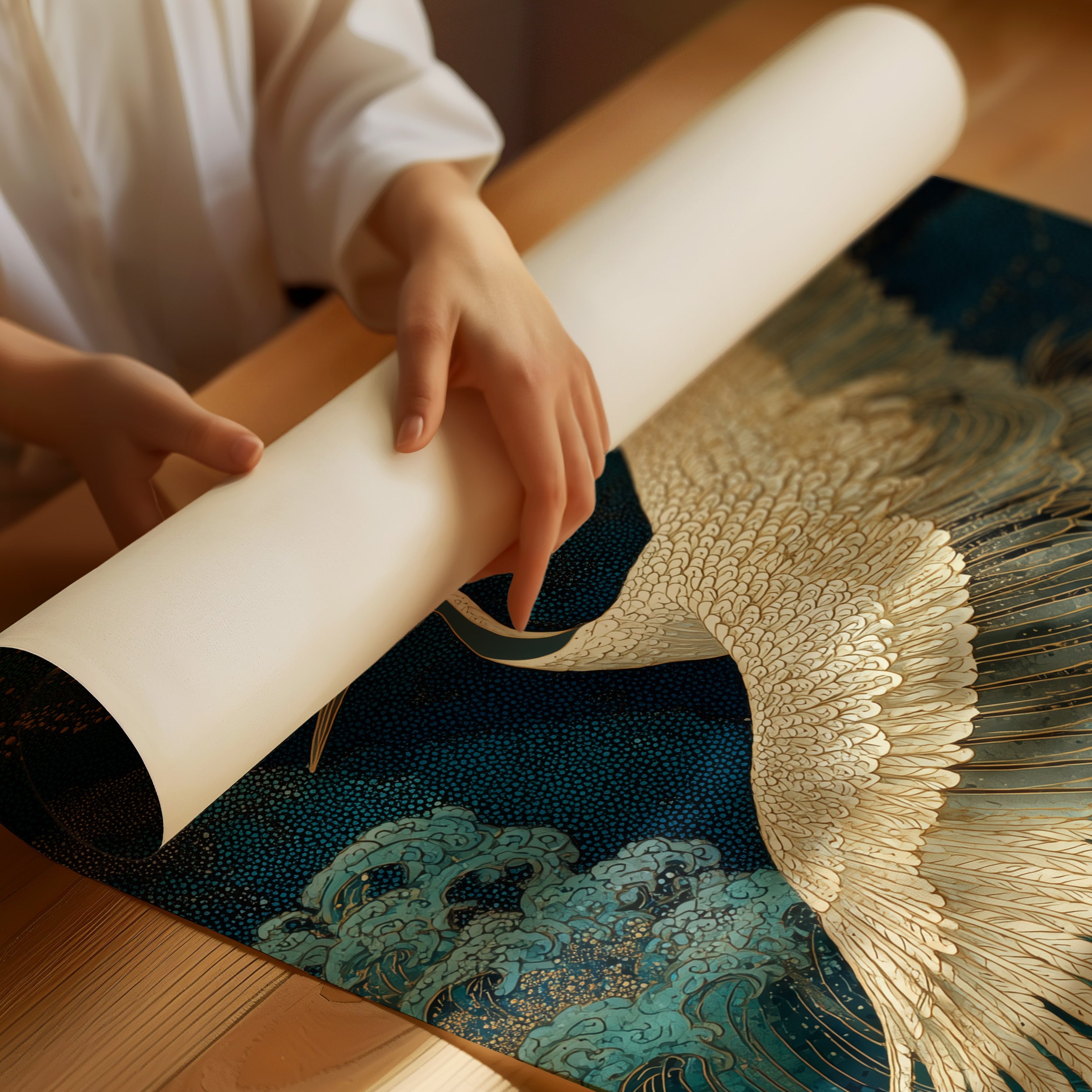 Crane Soars Through Starlit Waves