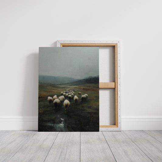 Flock Wanders Through Misty Moors