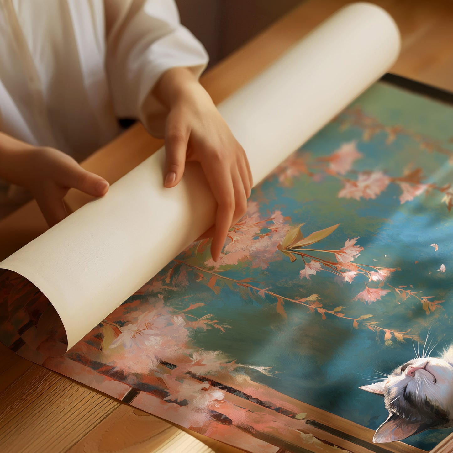 Cherry Blossoms Dance Above Sleeping Cat